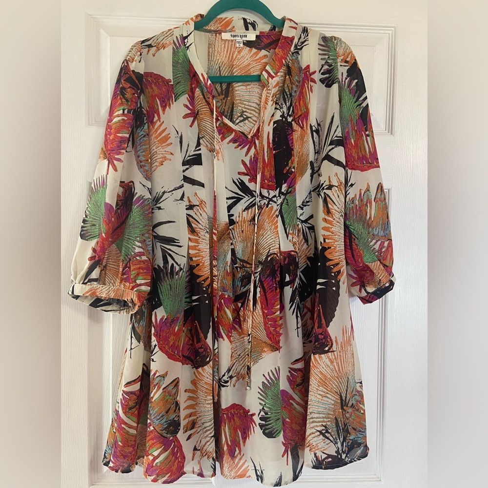 Daniel Rainn Vibrant Orange and Teal Patterned Top